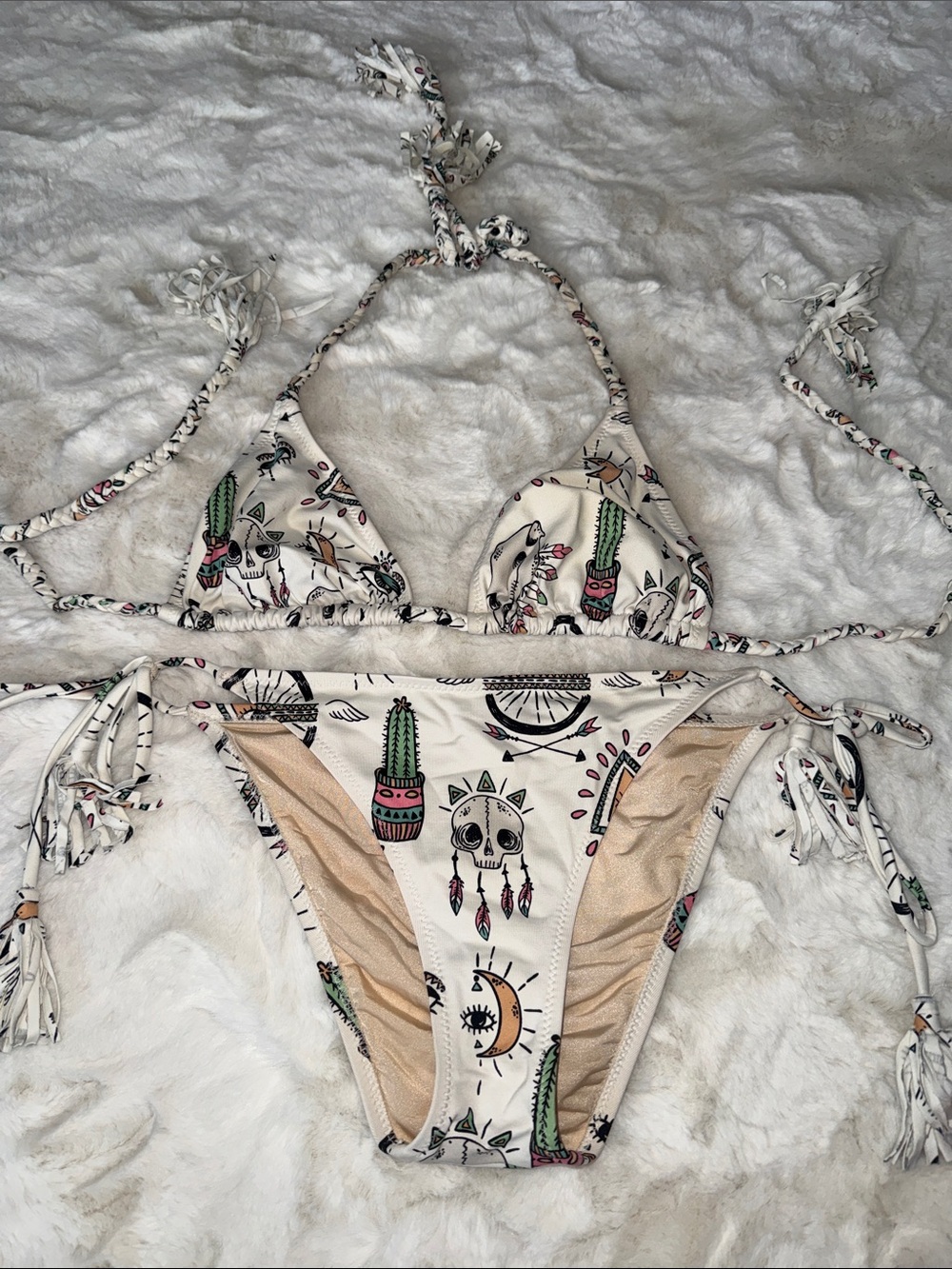 Mykonos bikini! White Printed Triangle Bikini with Southwestern Motifs